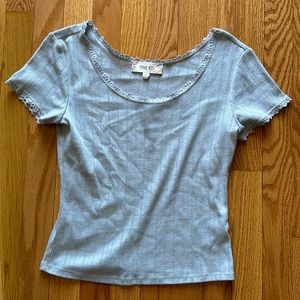 Pink Rose Baby Blue Crop Top with Lace Trim, Size Small